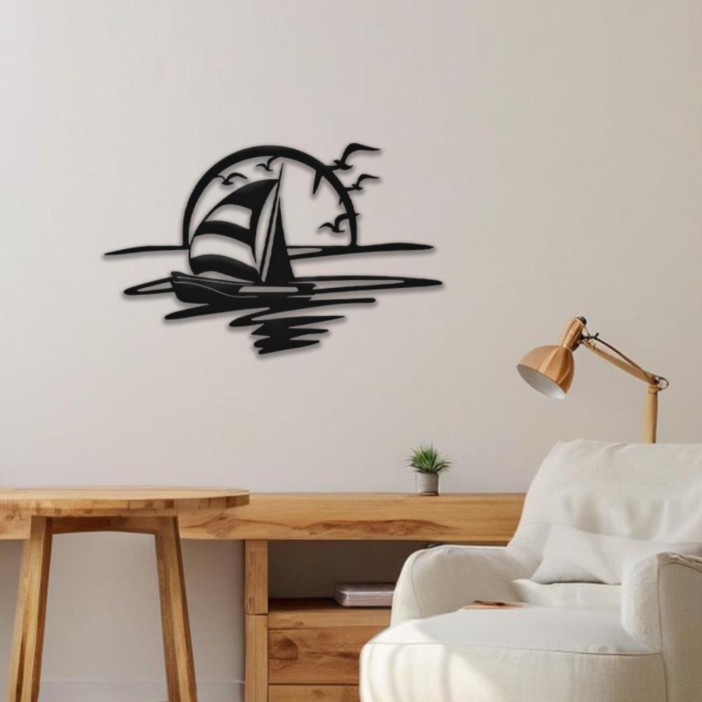 15.75" Sunset Sailboat Seagull Iron Wall Art, Coastal Ocean Decor for Indoor Outdoor Living Room Patio