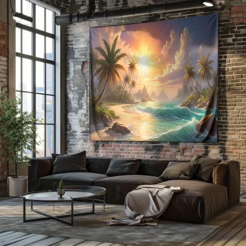 Tropical Beach Sunrise Landscape Tapestry  Romantic Seaside Decorative Wall Hanging