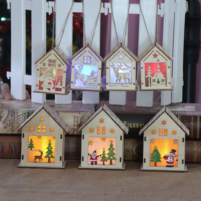 Elegant Led Light Wood House Ornament For Christmas Tree Hanging Decor