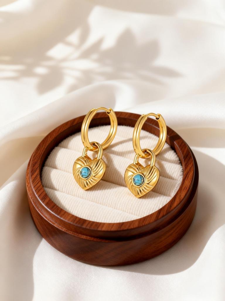 Stainless Steel Heart Lock Shaped Blue Turquoise Earrings for Women Gold Plated Noble Hoop Earrings Retro Jewelry Gift