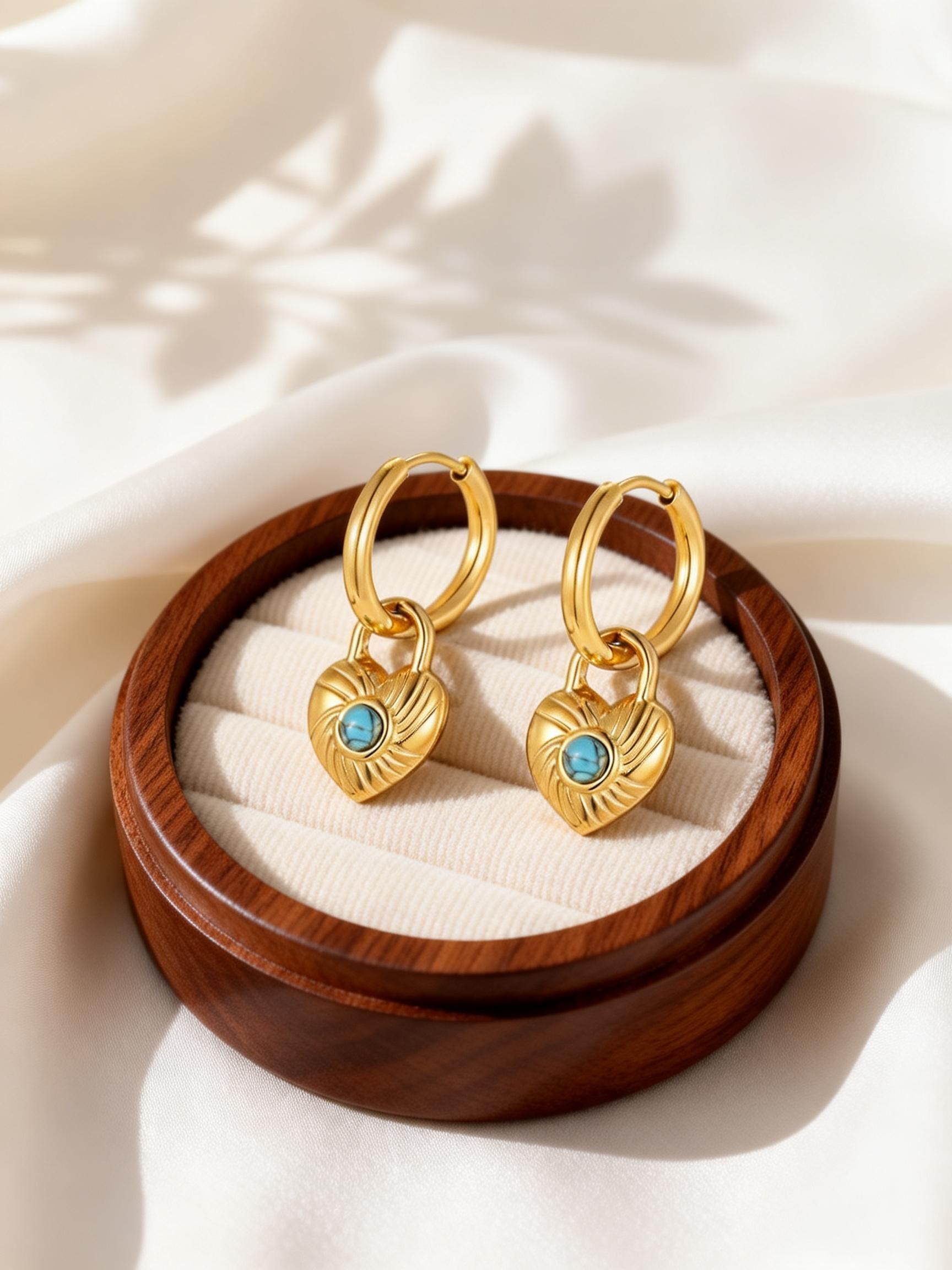

Stainless Steel Heart Lock Shaped Blue Turquoise Earrings for Women Gold Plated Noble Hoop Earrings Retro Jewelry Gift