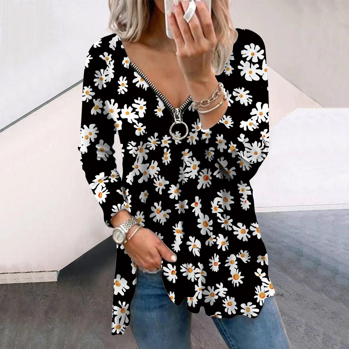 

Жіночі осінні футболки з довгими рукавами з квітковим принтом із соняшниковим принтом, вільні футболки з V-подібним вирізом, плюс розмір, зручна блуза 8XL чорний