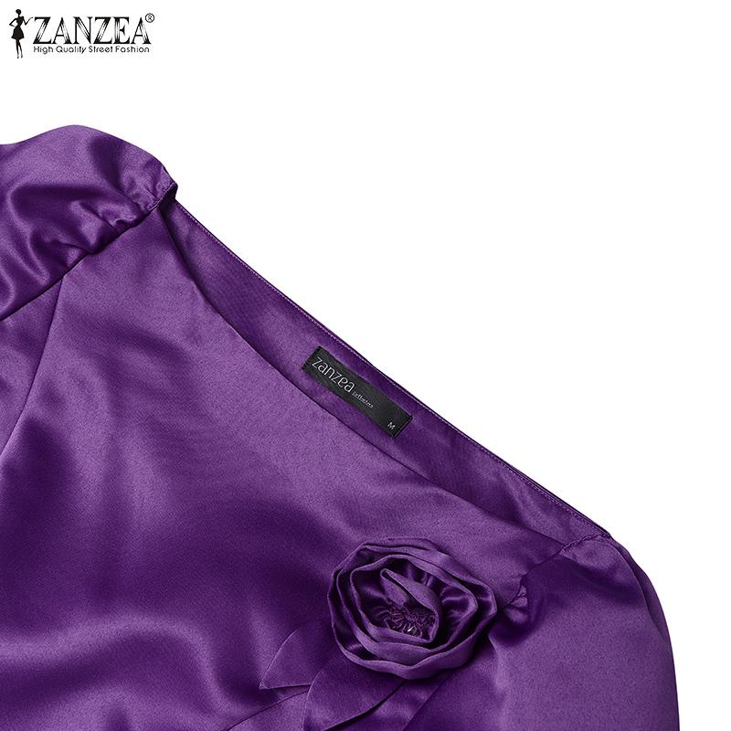 ZANZEA Women Casual Off Shoulder 3/4 Sleeve Satin Blouse