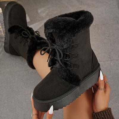 Fashion Women Boots 2025 New Lace-Up Cotton Shoes for Women Thick Bottom Warm Mid-Calf Boots Korean Style Furry Winter Snow Boots Women
