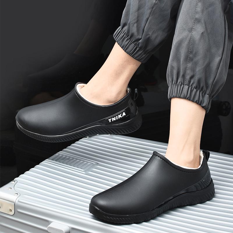 Men's Warm Lined Waterproof Low-Top Rain Boots - Anti-Slip Rubber Shoes for Fishing, Outdoor, Kitchen, or Work