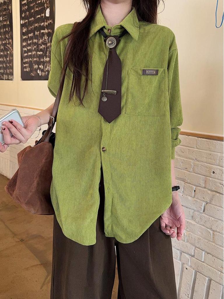 Women's Avocado Green Retro College Style Long-Sleeve Shirt – Spring 2026 Casual Layering Top