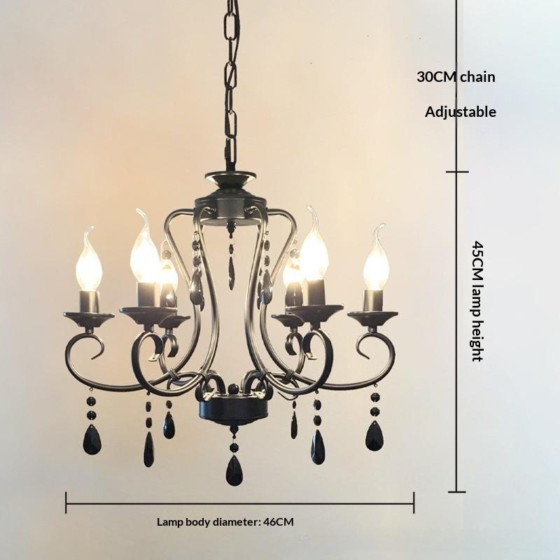 Retro Candle Pendant Light, Living Room Light, Dining Room Bedroom, Simple Rustic Style, Wrought Iron Black Crystal Lighting Fixture