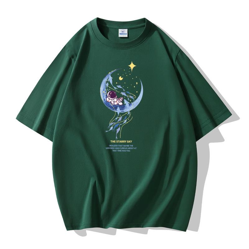Moon Astronaut Pattern Men's Short Sleeves Cotton T-shirt Large Size Loose Tee