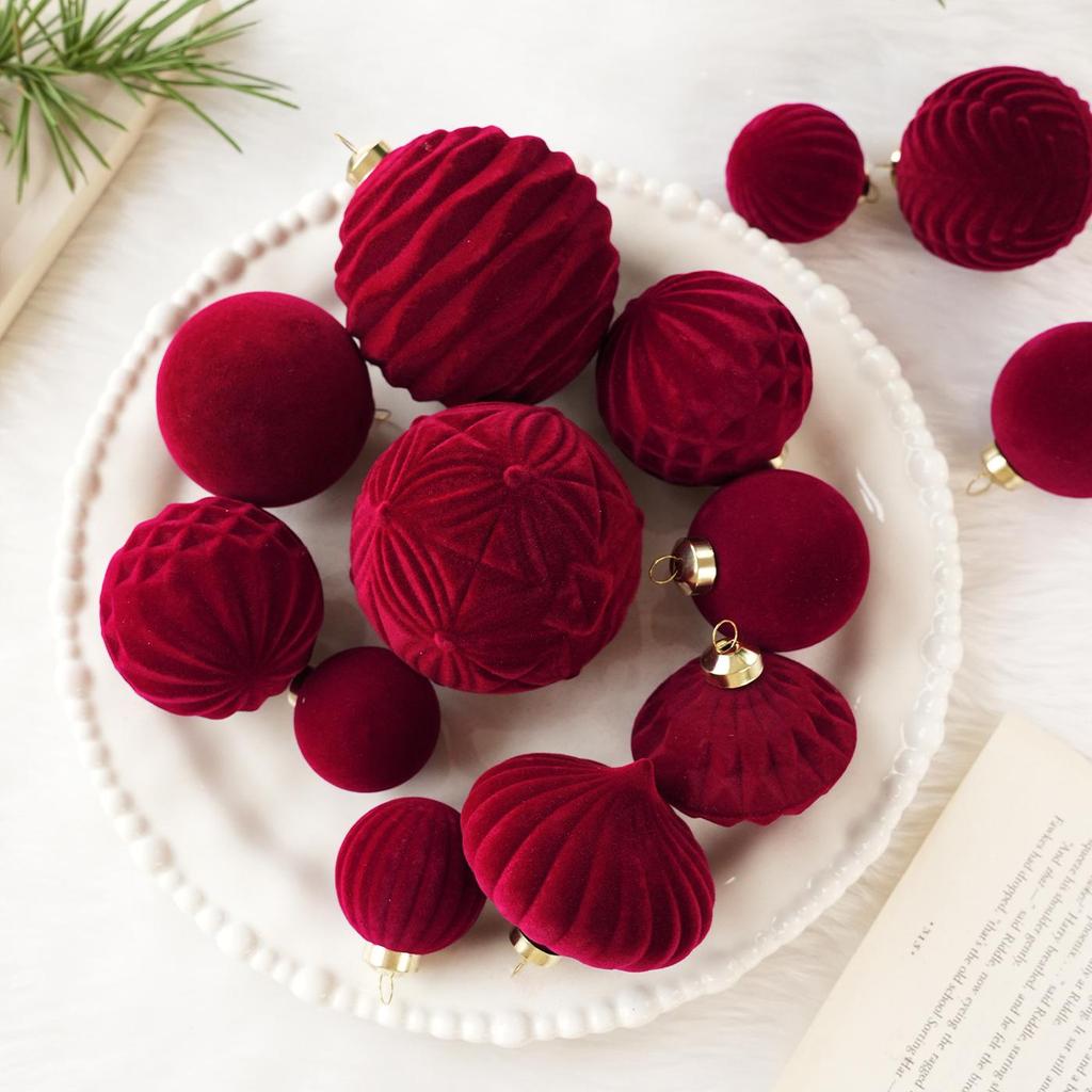 Irregular Shape Flocked Christmas Ball Ornaments - Holiday Tree Decoration Set