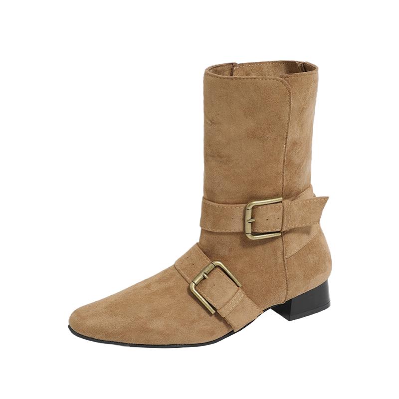 

Sleeve Belt Buckle Mid-leg Boots New Fashion Square Toe Soft Sole Anti-slip Wear-resistant Block Heel Single Shoes 35