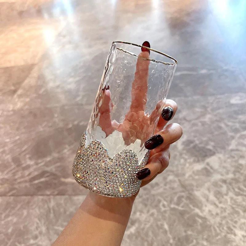

Sparkling Rhinestones Glass Water CupTransparent Glass Coffee Tea Mug Drinks Bling Dessert Breakfast Milk Cup Drinkware Beer Cup 300ml чистий