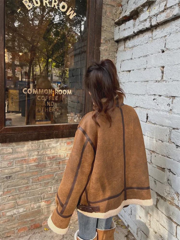 2024 Women's Retro Winter Motorcycle Jacket - Lambswool, Suede, Deerskin, Maillard Fur Coat