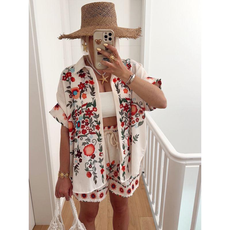 

Shirt and Shorts Set Fashion Wind New Fashion Casual Loose Print Shirt Shorts Two-piece Set Safflower XXL