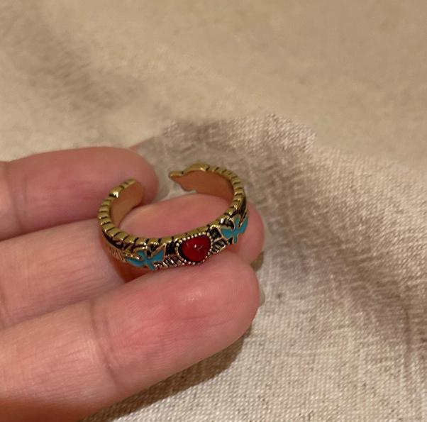 Vintage Ethnic Bronze Color Open Finger Ring For Women Relief Devil's Eye Heart-Shaped Blue Zircon Ring Jewelry