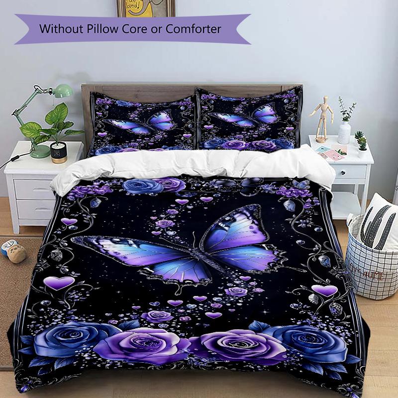 Purple Butterfly Roses Print 3Pcs Bedding Setduvet Cover With 2 Bedropillowcase Home Birthday Gift