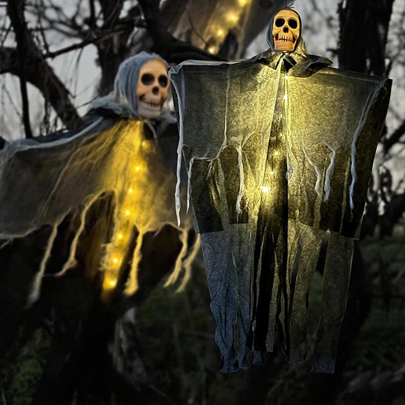2025 Halloween Glowing Skull Gauze Hanging Ghost Horror Props Haunted House Porch Secret Room Party Pography Decoration