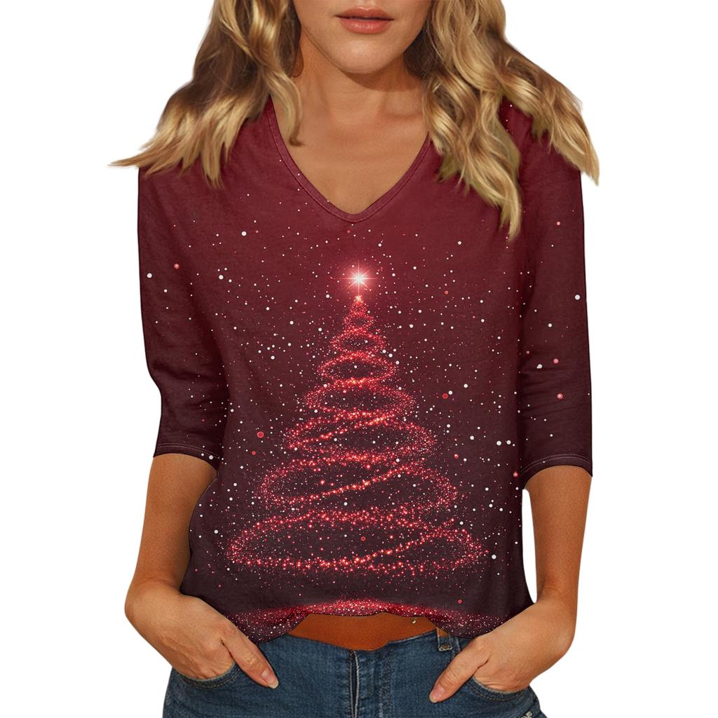 Women's Casual Fashionable Sexy Comfortable V-Neck Christmas Three-Quarter Sleeve Top