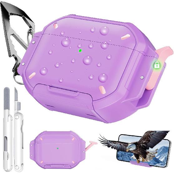 for AirPods Pro 3 Case with Lock & Carabiner, [IP68 Waterproof] [Military-Grade Protection] Full Body Shockproof Case with Phone Stand for AirPods