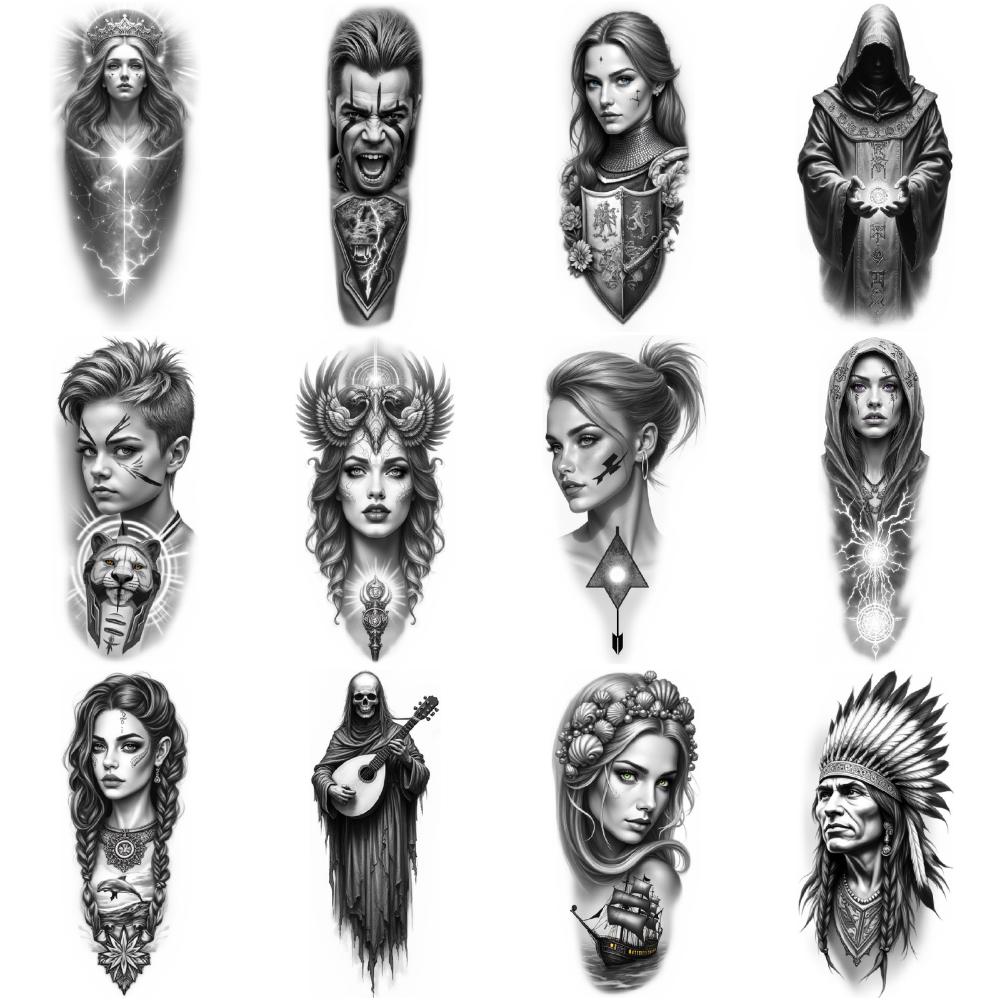 12pcs Temporary Tattoo  waterproof long-lasting body stickers Native American Chief Tattoo Fantasy Woman Tattoo Wizard Tattoo