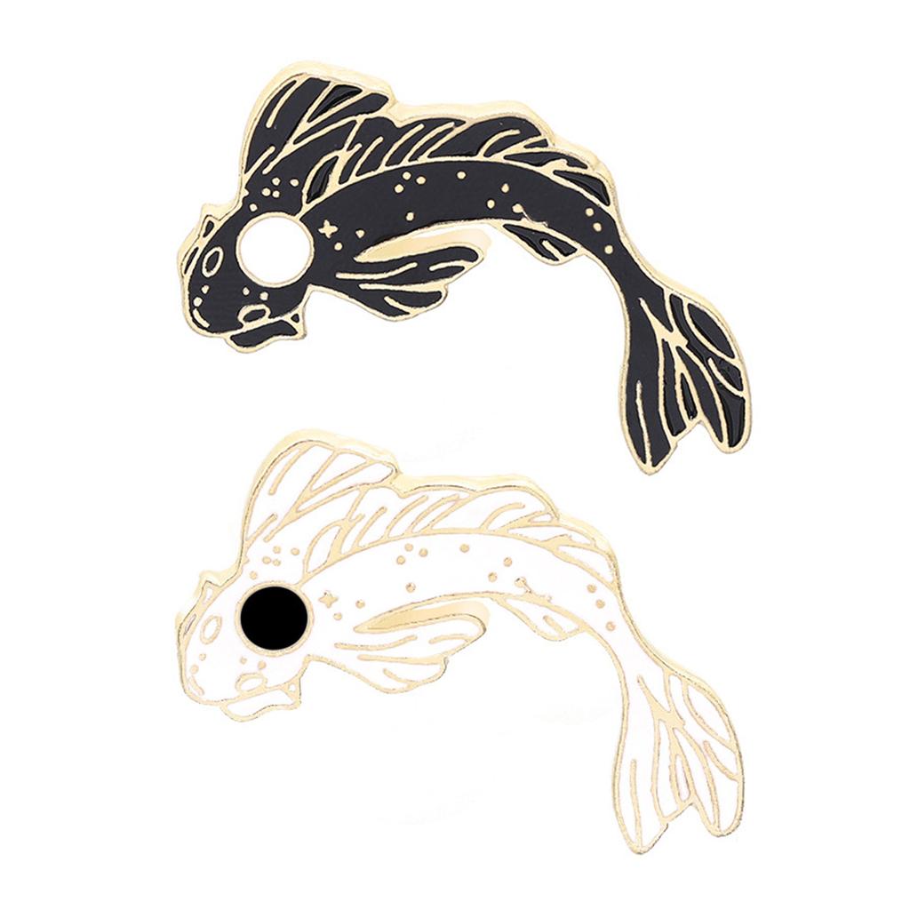 2pcs Stylish Breastpin Enamel Lapel Brooch Black and White Kois Fish Pins for Jackets Stylish Corsage Badge Jewelry