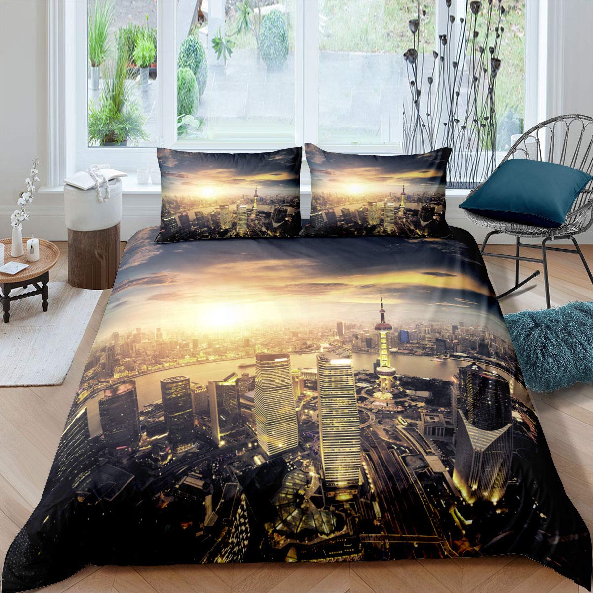 Stadsgezicht Dekbedovertrekset New York City Nachtzicht Dekbedovertrek Voor Jongens Volwassenen Microvezel Gebouw Beddengoedset 2/3 Stuks Kingsize 150x200cm 3pcs