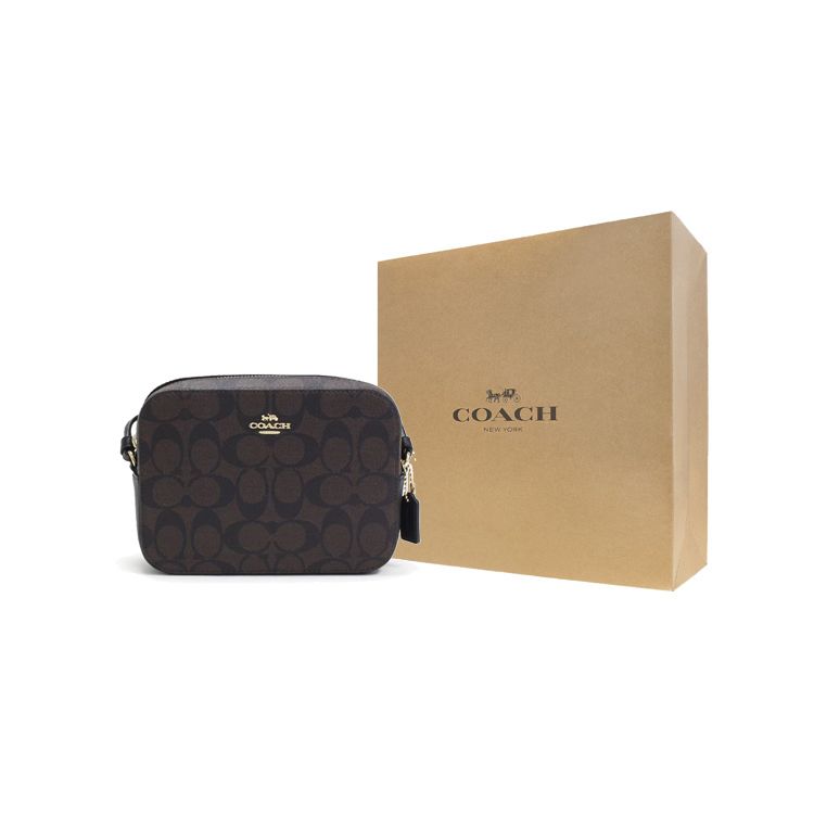 Coach Camera Series 18 Classic Monogram Print Zipper Closure Coated Canvas And Leather Camera Bag Women Shoulder Bag Dark-Brown 91677-IMAA8