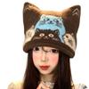 Cute Cat Jacquard Cat Ears Knitted Hat Female Autumn and Winter Cartoon Face Small Wool Hat Warm Bag Head Hat