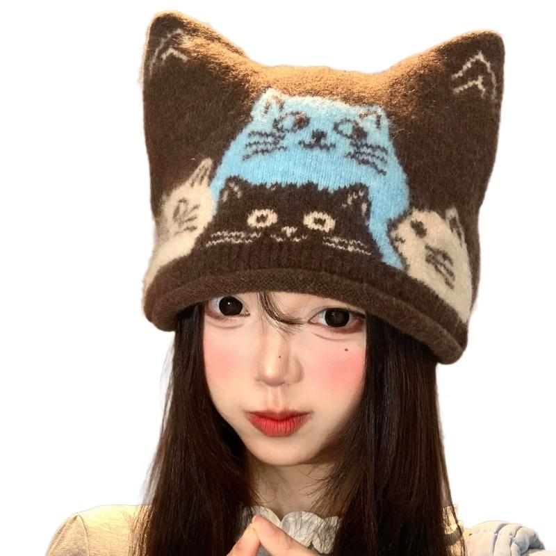 Cute Cat Jacquard Cat Ears Knitted Hat Female Autumn and Winter Cartoon Face Small Wool Hat Warm Bag Head Hat