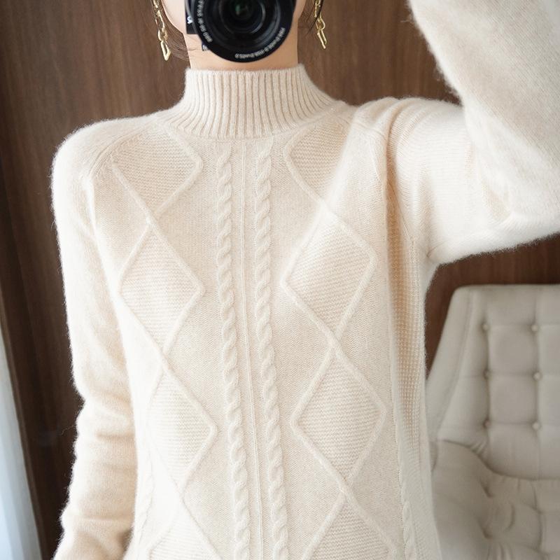 Semi-turtleneck warm thickened sweater women's autumn and winter twist pullover loose and versatile outer wear knitted sweater