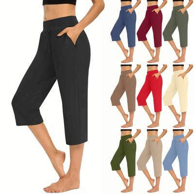 Women's Solid Color Casual Pants Elastic Waist High Waist Drawstring 3/4 Pants Athletic Casual Pants