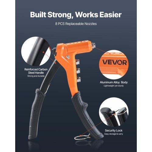 VEVOR Rivet Nut Tool Kit, 230 Mm One-Handed Rivnut Tool Kit, with 8 Mandrels, a Step Drill Bit and 80 Nuts, Metric and SAE Size M3, M4, M5, M6, 6-32