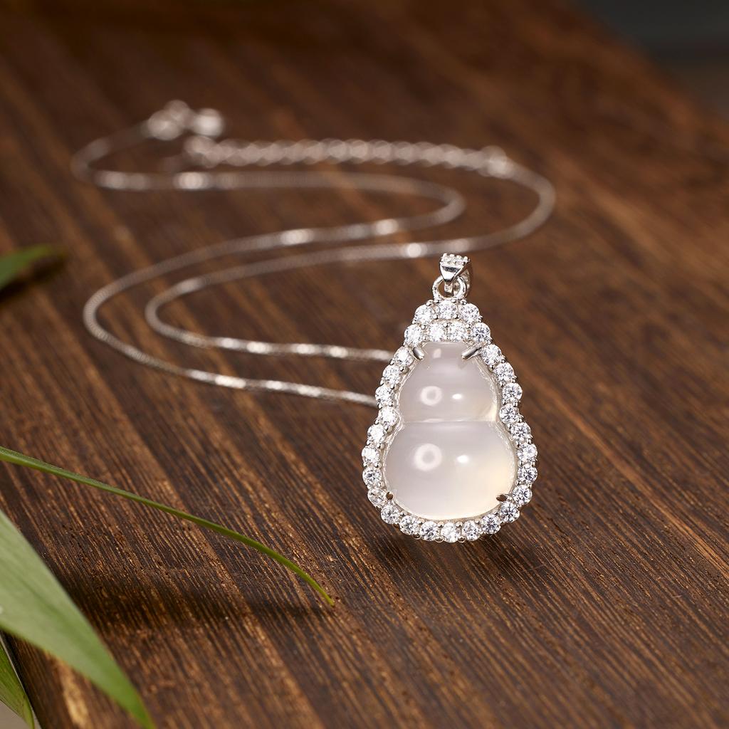 S925 Silver High Ice Chalcedony Gourd Necklace, White Ice Transparent Chalcedony Pendant, National Trend Fashion Jewelry for Women