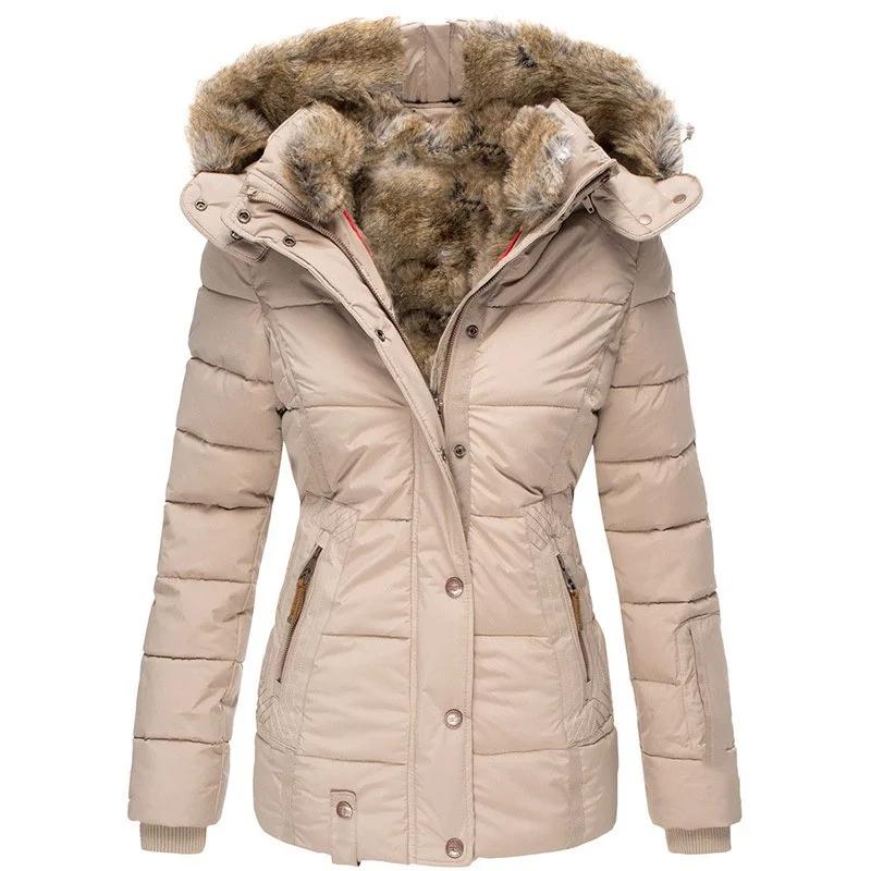 Winter Warm Fur Collar Cotton Jacket Women's Zipper Long Sleeve Slim Cotton Coat Hooded Coat