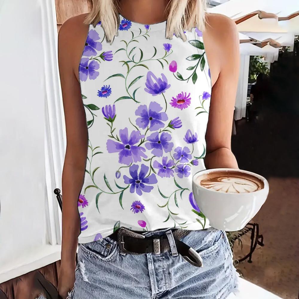 Módní letní květinové 3D potisk tílka dámské Harajuku streetwear nadměrné O-výstřih vesta bez rukávů s odhalenými rameny dámské tílko