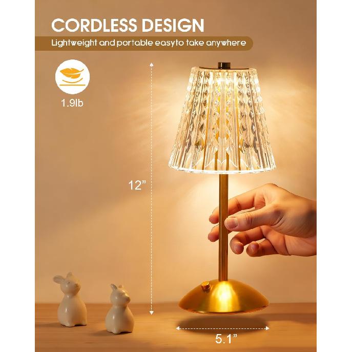Kabellose Touch-Tischlampe, Klassische Edition Wiederaufladbare Kleine Schreibtischlampe | 3 Farben Dimmbar Goldene Kristalllampe für Schlafzimmer, Restaurant, Küche & Zuhause