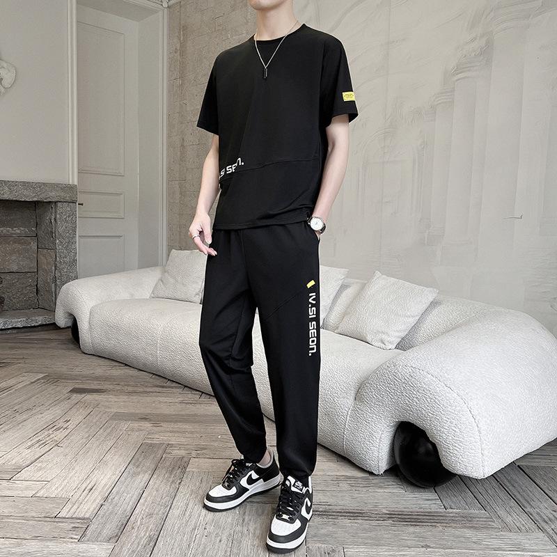 Ice Silk Men's Summer Sports Suit: Trendy Short Sleeve T-shirt & Shorts Set