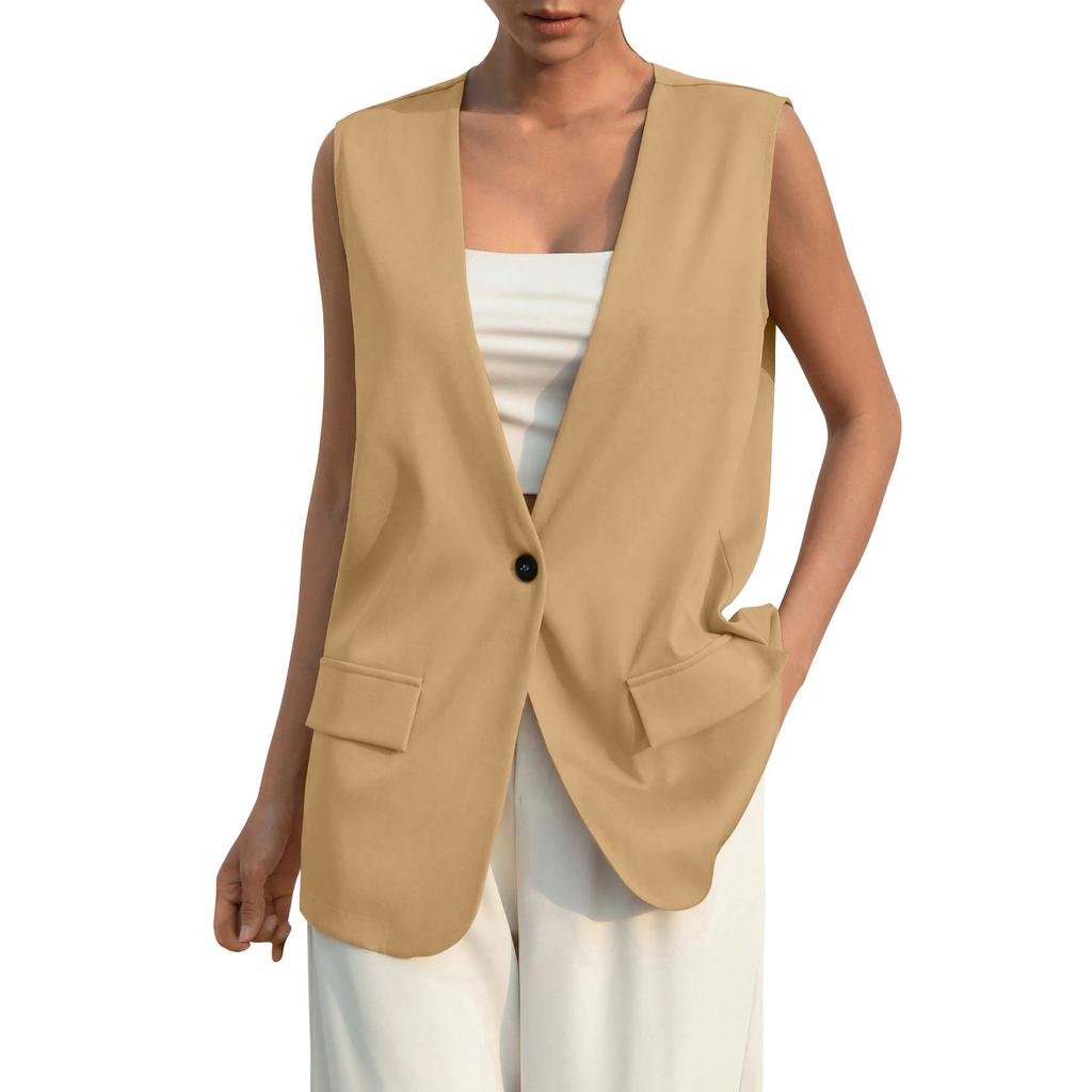 Fashion Design Suit Vest Lady Vintage V-Neck Work Casual Loose Waistcoat Solid Color Single Button Sleeveless Thin Blazer Jacket