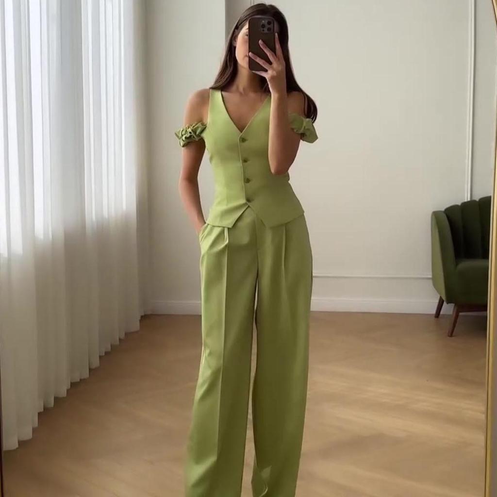 2024 Summer Women's High-Waist Solid Color Short Sleeve Two-Piece Set