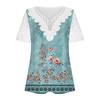 Women's Fashion Casual Lace Sleeve V-Neck Lace Trim Printed Short Sleeve Tops