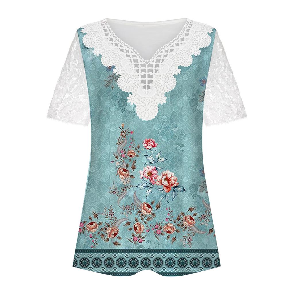 Women's Fashion Casual Lace Sleeve V-Neck Lace Trim Printed Short Sleeve Tops