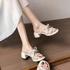 Fashion 2025 Shiny Silver High Heel Sandals Women's Outdoor Wear French Open Toe Fairy Style Thick Heel Slippers Round Toe Polyurethane