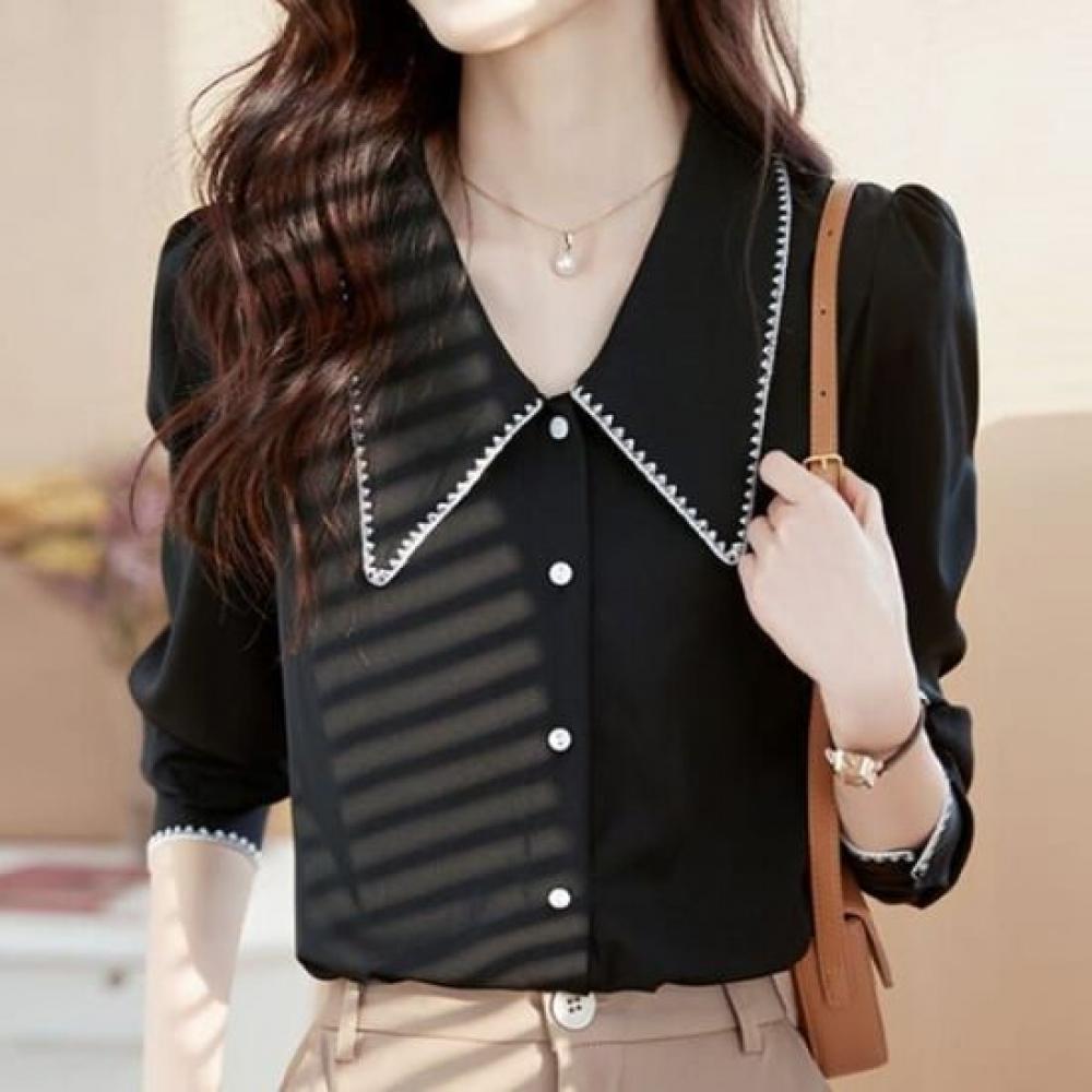 Navava Women S Stitch Point Over Collar Long Sleeve blouSe Nb2506