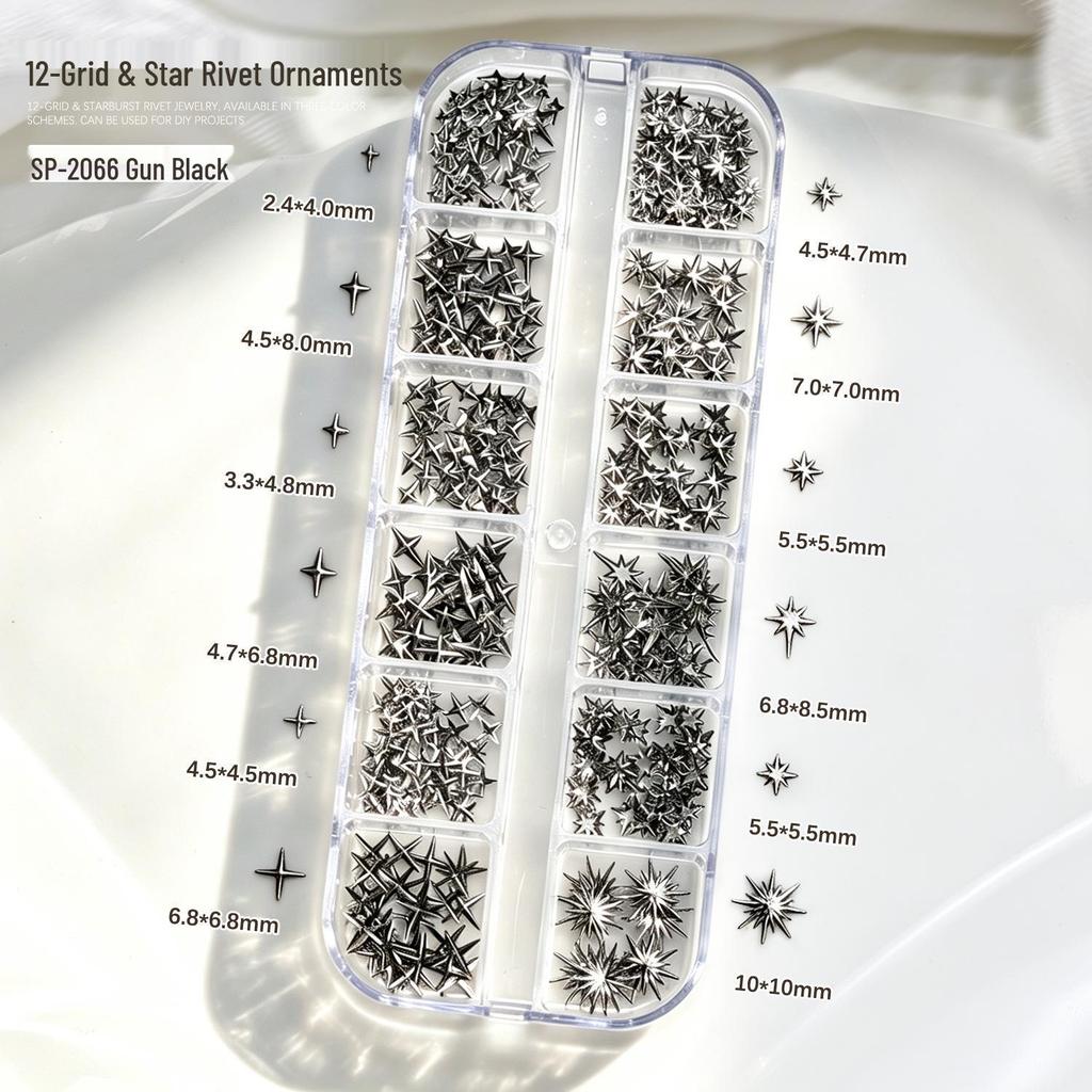 Gold & Silver Starburst 3D Nail Art Rivets - Four-Pointed Stars Decor.