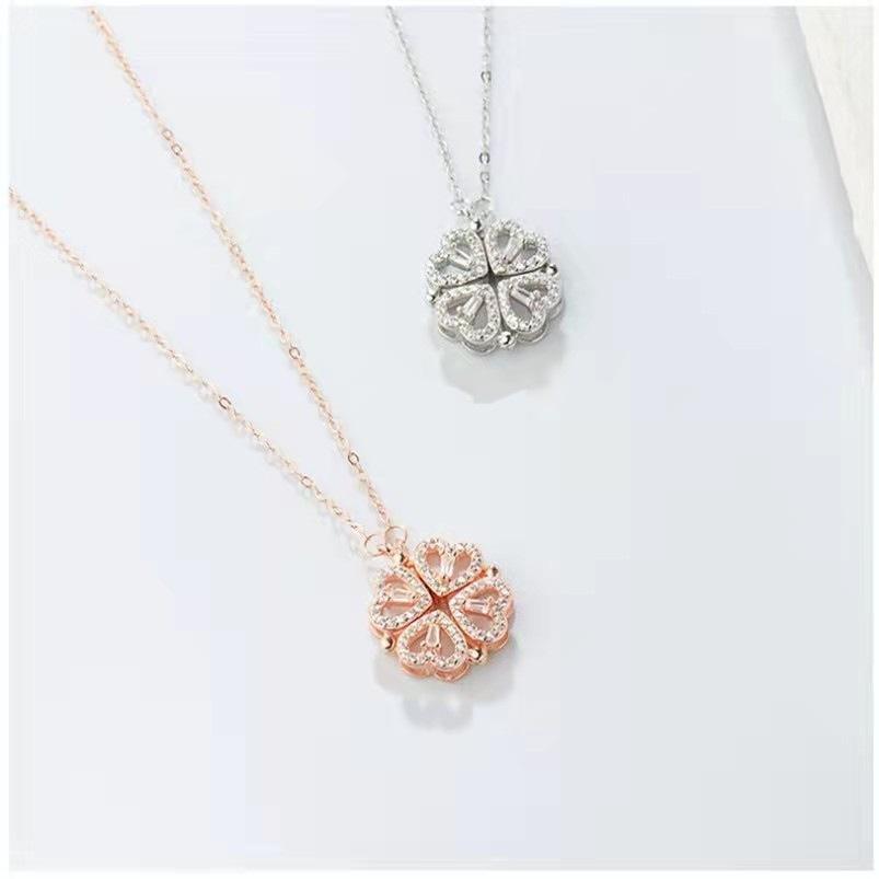 C211 Simple Heart-to-Heart Four-Leaf Clover Necklace for Women Fashion Collarbone Chain Heart Foldable Two-Way Pendant Necklace