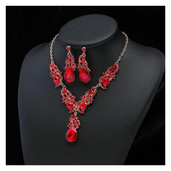 Women Necklace Earrings Rhinestone Luxury Hollow Symmetric Retro Set Out Anti-allergy Hanging Earrings Bridal Wedding
