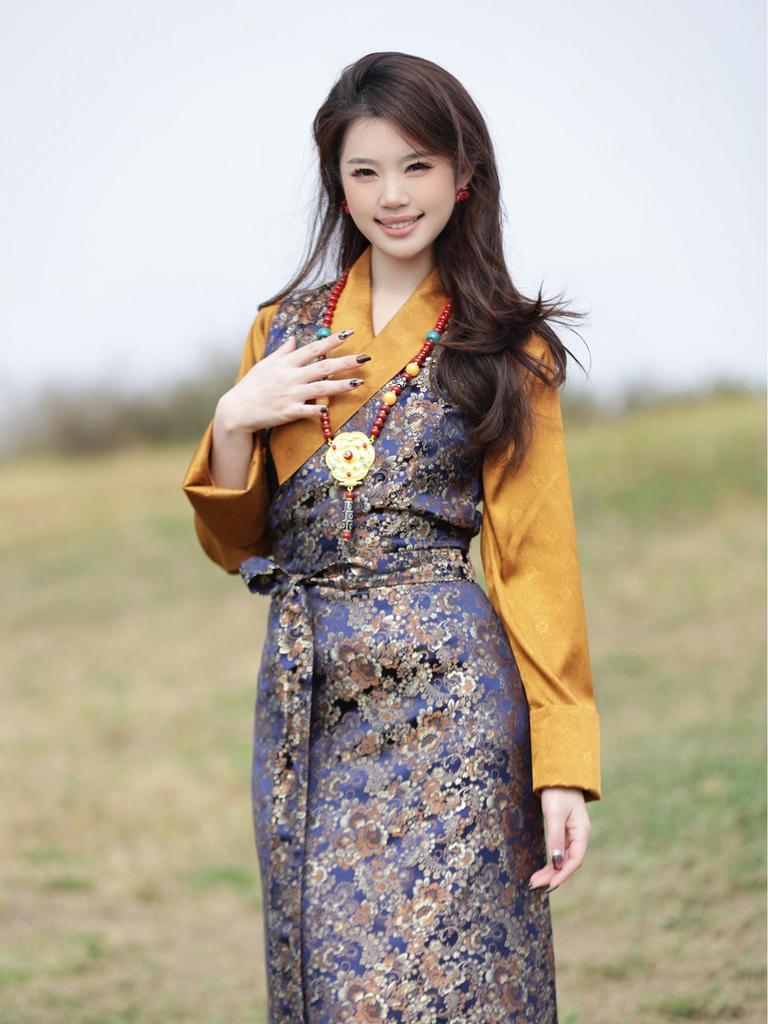 Deep Blue Patchwork Chinese-Style Slim Fit Dress for Women, Spring/Summer 2026, Tibetan Green Design.