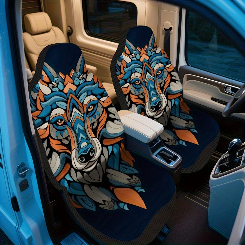2pcs Geometric Colorful Wolf Pattern Universal Car Seat Covers | Soft Washable Polyester Fiber, Machine Washable, Enhances Styli