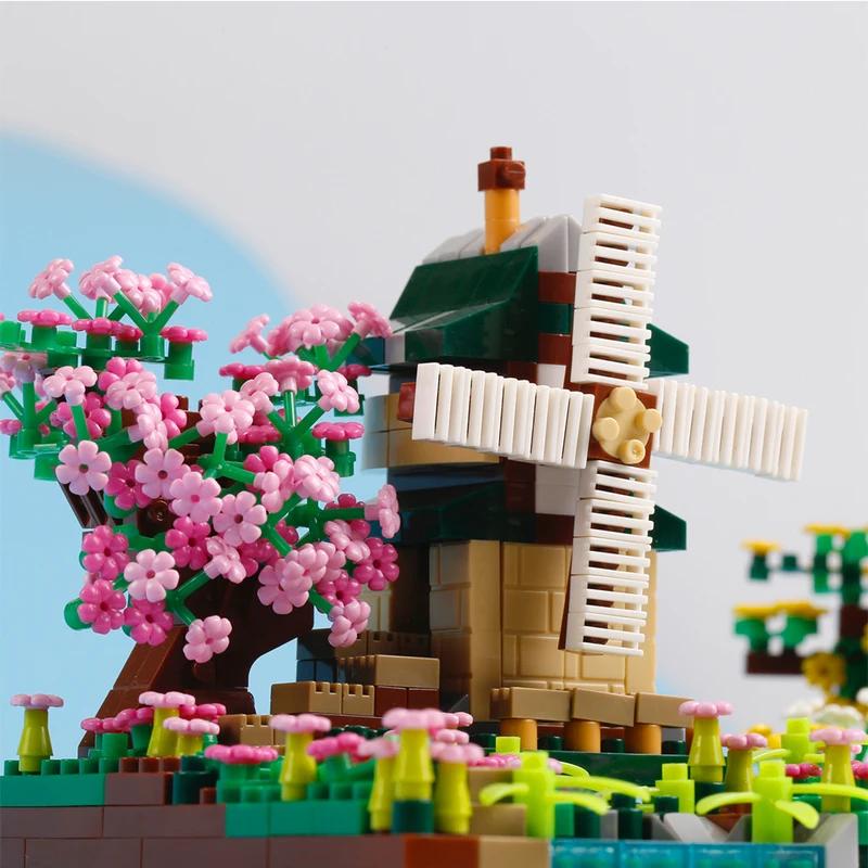 Four Seasons Micro Bricks Street View Sakura Windmühle Bausteine Fischerhütte Baum Zusammenbauen Ziegel Spielzeug für Kinder Jungen