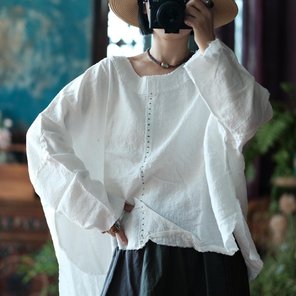 Johnature Women White T-Shirts Embroidery Solid Color Long Sleeve Tees O-Neck Autumn Chinese Style T-Shirts