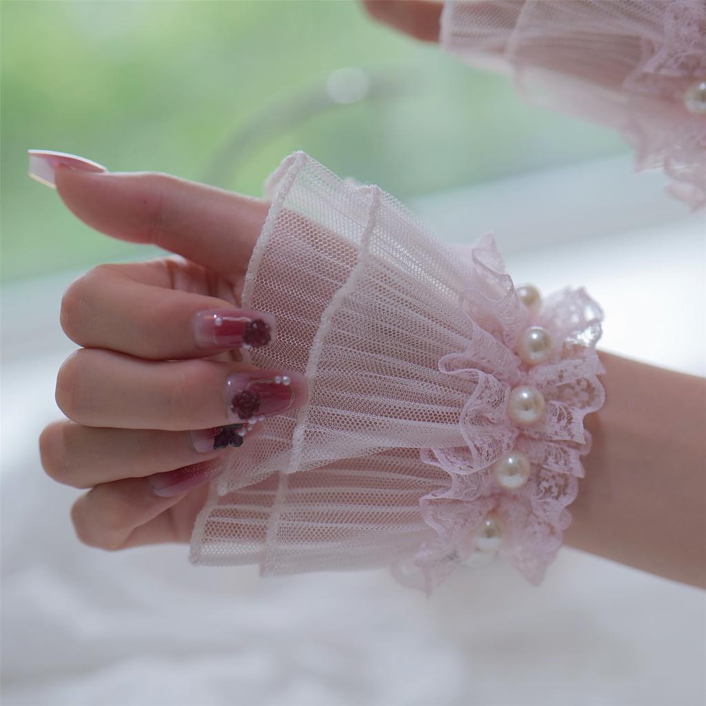 Stretchable Sheer Hand Sleeves Wrist Cuffs Cover with Delicate Lace And Artificial Pearls For Formal Event Anime Event